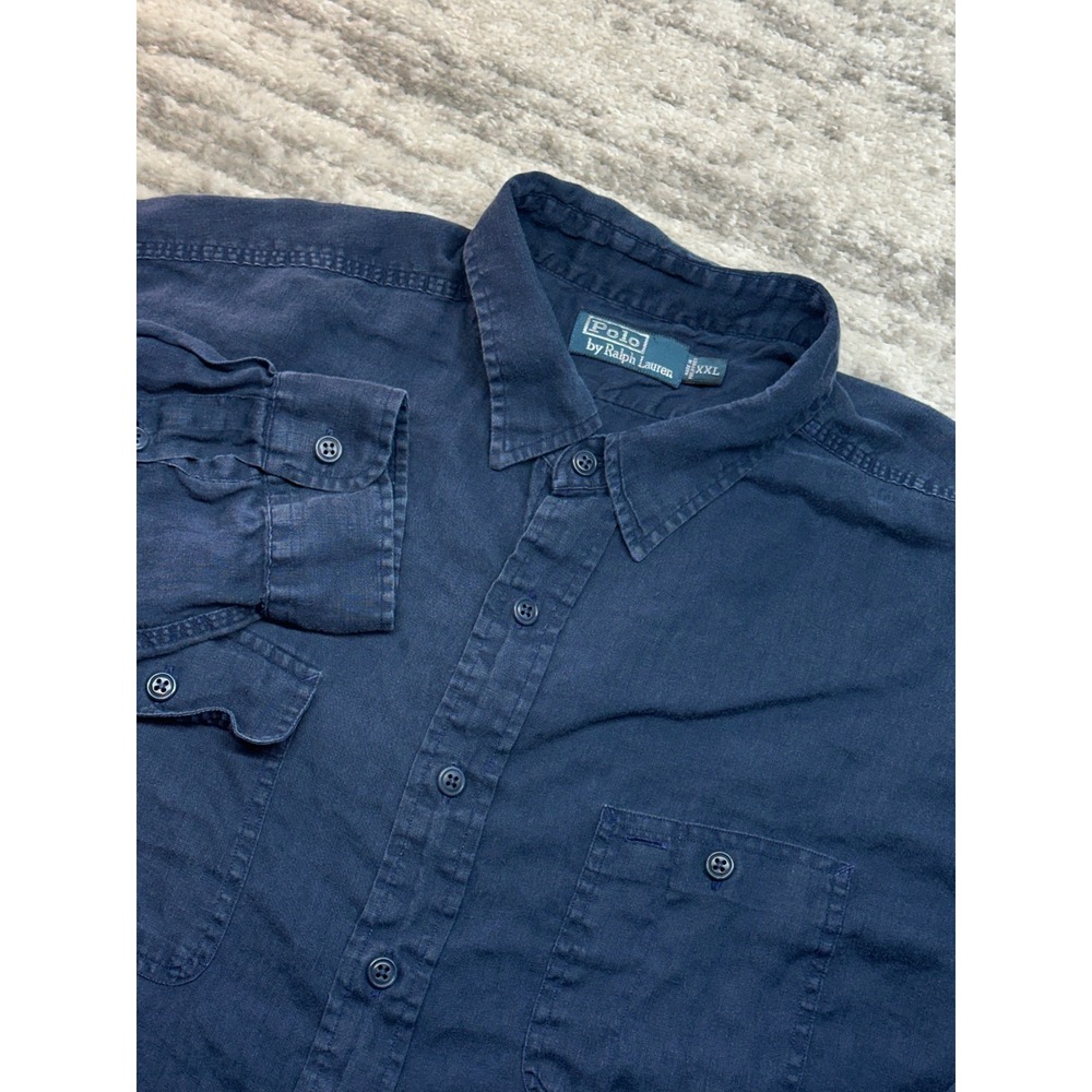 Polo Ralph Lauren Button Down Men XXL Navy Blue Linen Long Sleeve Utility Shirt